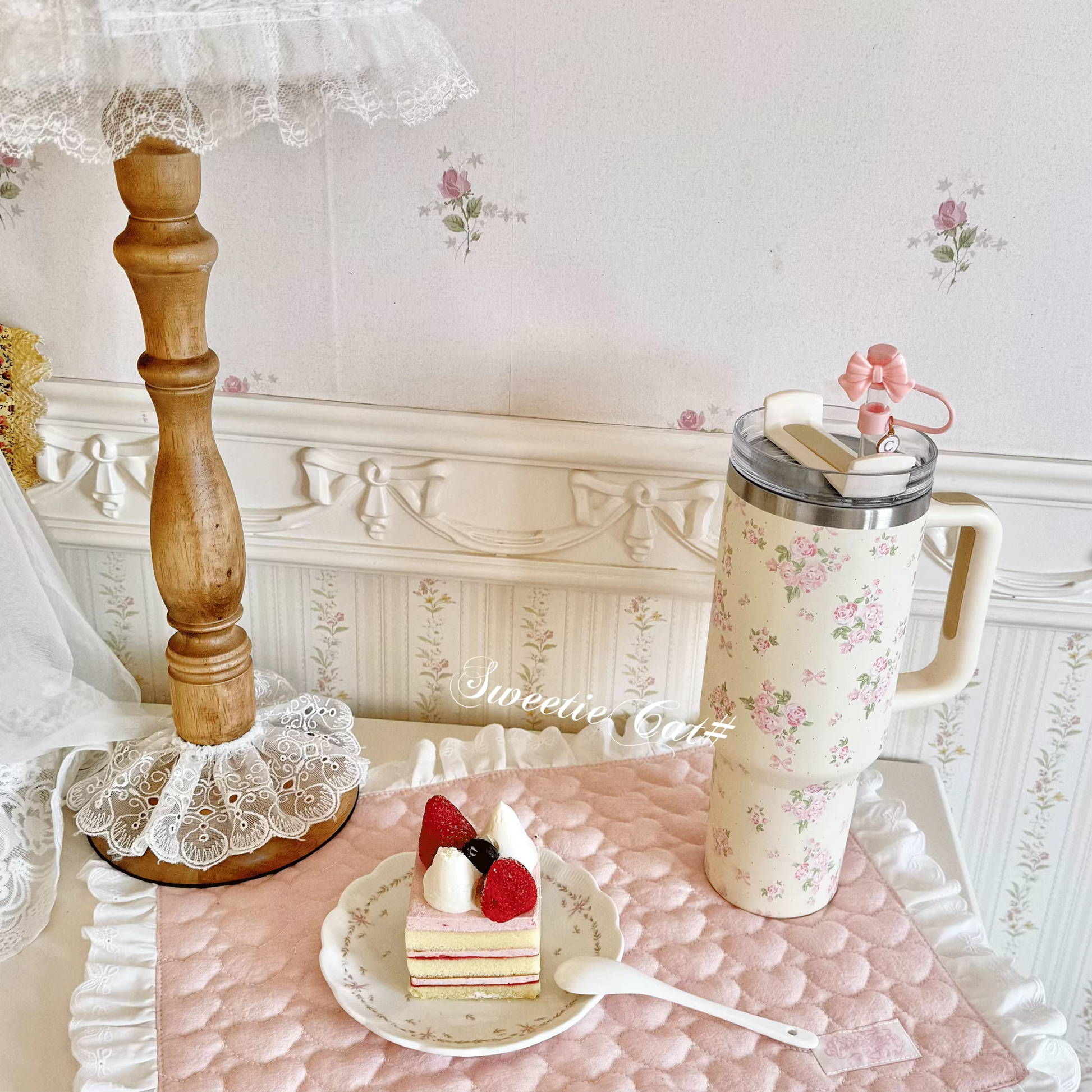 [cn | pre-order] sweetiecat floral stainless steel straw tumbler cup