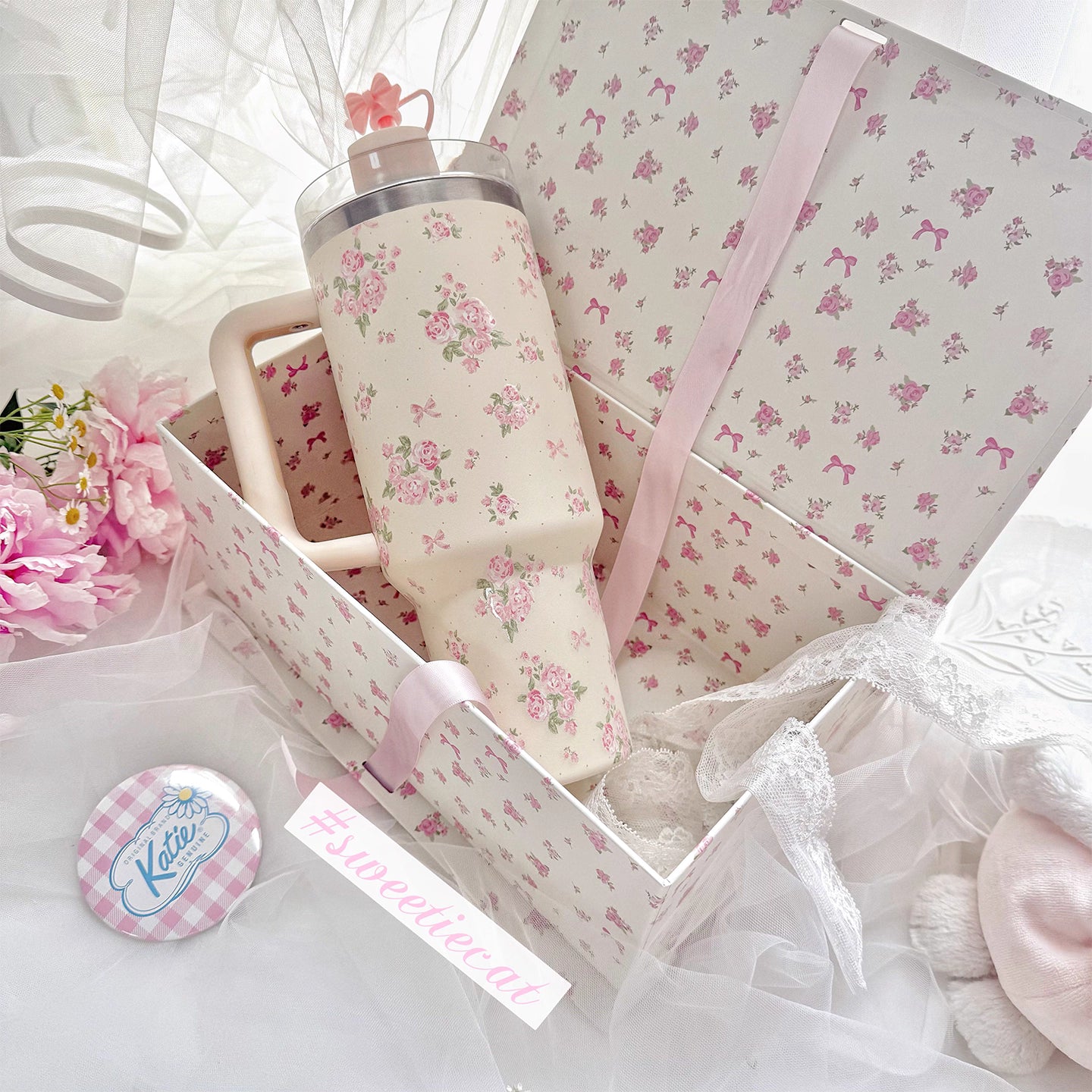 [cn | pre-order] sweetiecat floral stainless steel straw tumbler cup